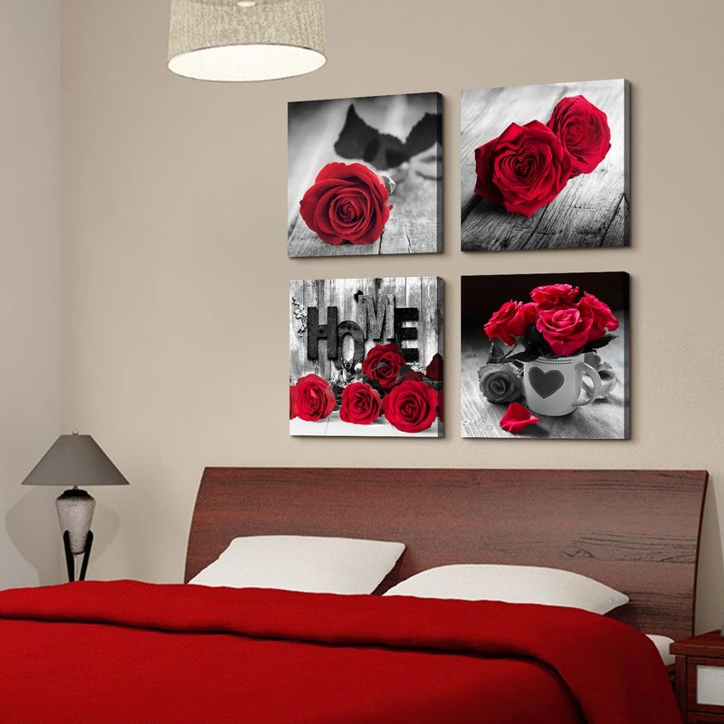 YOOOAHU Red Rose Posters for Living Room Red and Black Wall Art Flower Painting Bedroom Wall Decor Romantic Floral Canvas Painting Bathroom Pictures Modern Kitchen Accessories Home Decoration 20x20" 4 Pcs/Set - Image 2